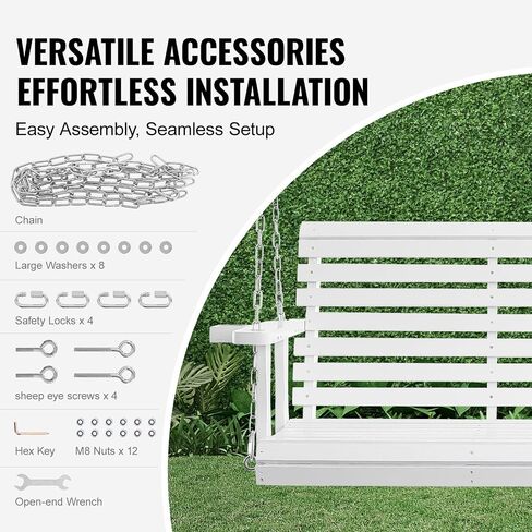 VEVOR Wooden Porch Swing 5.5FT with 2 Side Cup Holders, Heavy Duty 880lbs Patio Swing, Outdoor Swing Hanging Chair, Bench Swing with Adjustable Chains for Front Porch, Yard, Balcony, Garden, White in Saudi Arabia