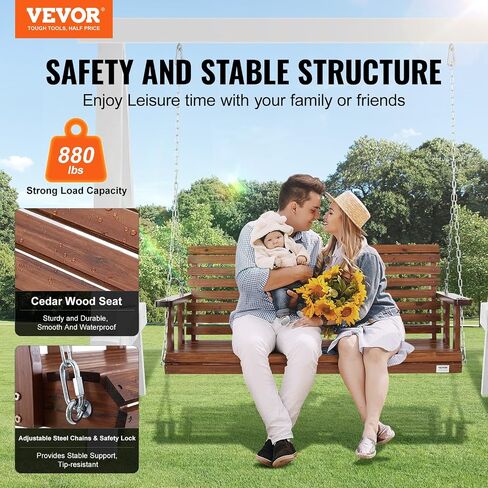 VEVOR Wooden Porch Swing 5.5FT with 2 Side Cup Holders, Heavy Duty 880lbs Patio Swing, Outdoor Swing Hanging Chair, Bench Swing with Adjustable Chains for Front Porch, Yard, Balcony, Garden, White in Saudi Arabia