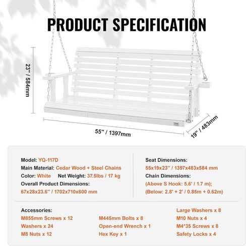 VEVOR Wooden Porch Swing 5.5FT with 2 Side Cup Holders, Heavy Duty 880lbs Patio Swing, Outdoor Swing Hanging Chair, Bench Swing with Adjustable Chains for Front Porch, Yard, Balcony, Garden, White in Saudi Arabia