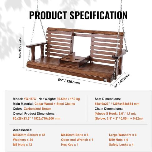 VEVOR Wooden Porch Swing 5.5FT with 2 Side Cup Holders, Heavy Duty 880lbs Patio Swing, Outdoor Swing Hanging Chair, Bench Swing with Adjustable Chains for Front Porch, Yard, Balcony, Garden, White in Saudi Arabia