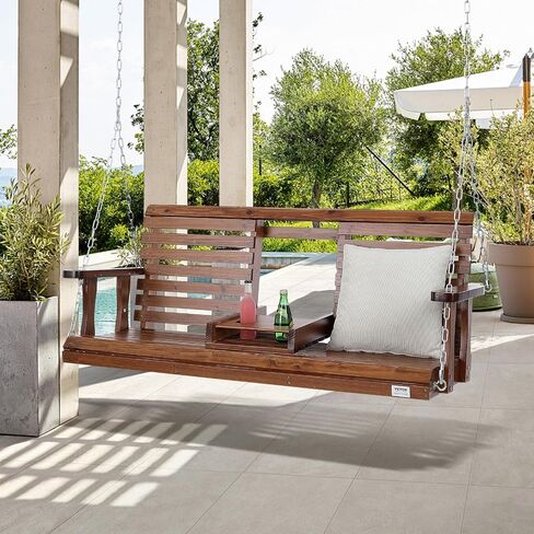 VEVOR Wooden Porch Swing 5.5FT with 2 Side Cup Holders, Heavy Duty 880lbs Patio Swing, Outdoor Swing Hanging Chair, Bench Swing with Adjustable Chains for Front Porch, Yard, Balcony, Garden, White in Saudi Arabia