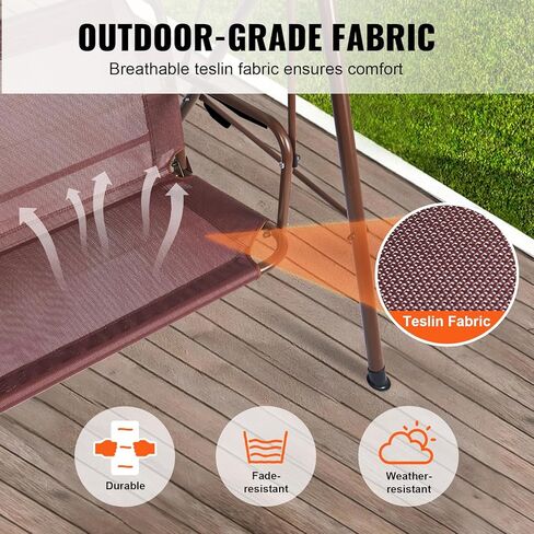 كرسي أرجوحة للفناء من VEVOR، أرجوحة الشرفة لثلاثة أشخاص مع حامل، أرجوحة خارجية للبالغين، قماش تيسلين وإطار من سبائك الصلب، كرسي معلق للشرفة، الفناء الخلفي، الفناء، الحديقة، بجانب حمام السباحة، الفناء، بني in Kuwait