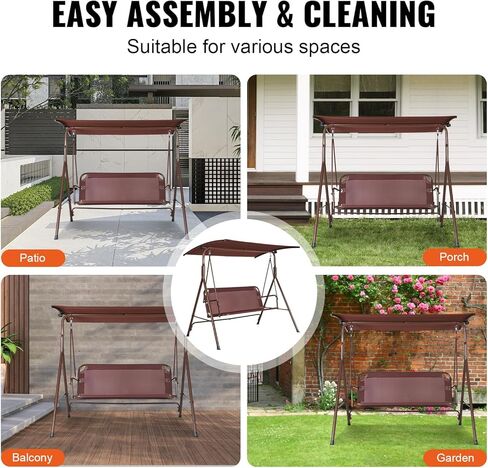 كرسي أرجوحة للفناء من VEVOR، أرجوحة الشرفة لثلاثة أشخاص مع حامل، أرجوحة خارجية للبالغين، قماش تيسلين وإطار من سبائك الصلب، كرسي معلق للشرفة، الفناء الخلفي، الفناء، الحديقة، بجانب حمام السباحة، الفناء، بني in Kuwait