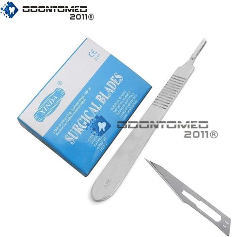 OdontoMed2011® صندوق مكون من 100 قطعة شفرة مشرط من الفولاذ الكربوني معقمة رقم 11 مع مقبض مجاني رقم 3 in Kuwait