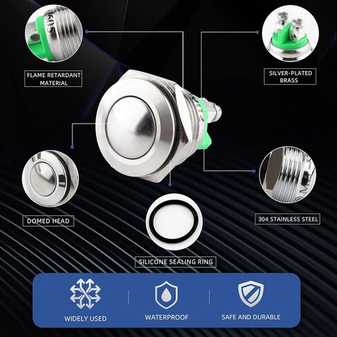 (3 PCS) 16MM Momentary Push Button Switch Metal Waterproof Stainless Steel 12V 24V 36V DC 110V 250V AC 5A 1NO SPST (Domed) in Saudi Arabia