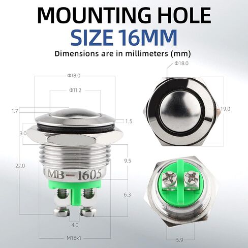 (3 PCS) 16MM Momentary Push Button Switch Metal Waterproof Stainless Steel 12V 24V 36V DC 110V 250V AC 5A 1NO SPST (Domed) in Saudi Arabia