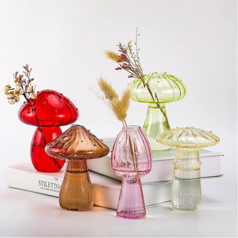 5 Pcs Decorative Mushroom Vase Mushroom Shaped Delicate Flower Vase Transparent Plant Hydroponic Vase 4.72 Inch Tall Mushroom Glass Bud Vases for Home Living Room Kitchen Office Decorations, 5 Colors in Saudi Arabia