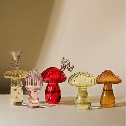 5 Pcs Decorative Mushroom Vase Mushroom Shaped Delicate Flower Vase Transparent Plant Hydroponic Vase 4.72 Inch Tall Mushroom Glass Bud Vases for Home Living Room Kitchen Office Decorations, 5 Colors in Saudi Arabia