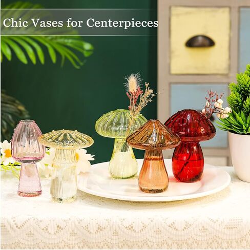 5 Pcs Decorative Mushroom Vase Mushroom Shaped Delicate Flower Vase Transparent Plant Hydroponic Vase 4.72 Inch Tall Mushroom Glass Bud Vases for Home Living Room Kitchen Office Decorations, 5 Colors in Saudi Arabia