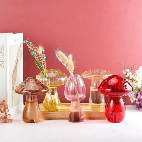 5 Pcs Decorative Mushroom Vase Mushroom Shaped Delicate Flower Vase Transparent Plant Hydroponic Vase 4.72 Inch Tall Mushroom Glass Bud Vases for Home Living Room Kitchen Office Decorations, 5 Colors in Saudi Arabia