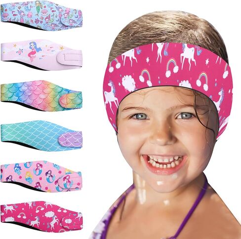6 Pcs Swimming Headbands for Kids, Adjustable Swimming Ear Protection Bands Cute Cartoon Waterproof Swim Headbands for Girls Swimmers Age 6-12, Head Circumference 18.11-19.70 Inch in Saudi Arabia