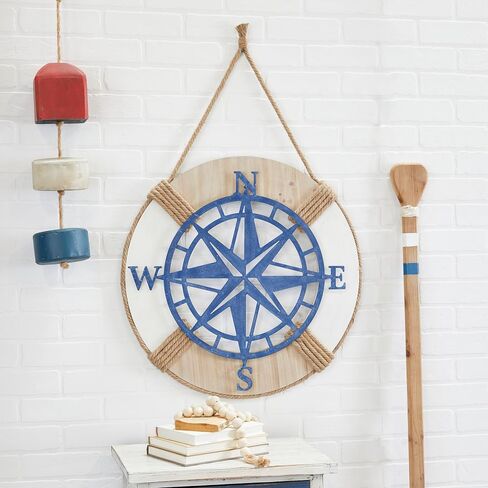 Deco 79 Metal Compass Home Wall Decor Wall Sculpture with Rope Hanger, Wall Art 24" x 2" x 24", Blue in Saudi Arabia