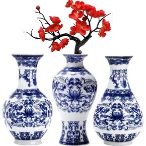 WUWEOT Set of 3 Small Blue & White Porcelain Vases, Petite Classic Oriental Bottle Vases, Decorative Chinoiserie Art Fambe Glaze Floral Bud for Home Decor and Events