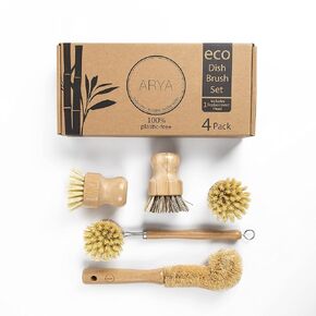 ARYA. Wooden Dish Brush Set | 4 Kitchen Washing Up Brushes & One Replacement Head | Bamboo & Natural Fibers | Eco Friendly Wooden Pot Brush Scourer Scrubber Sponge Alternative