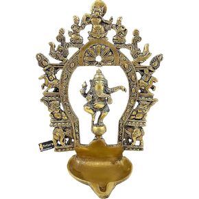Two Moustaches Brass Ethnic Indian Carving Dancing Ganesha Design Diya with Prabhavali Frame for Home/Temple, Size - 9 Inches, Weight - 1 Kg, Antique Yellow, Standard, Pack of 1
