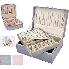 Jewelry Box Organizer for Women - 2 Layer Jewelry Organizer Storage Set with Small Travel Jewelry Case for Girls Ring Earring Necklace Bracelet, PU Leather Jewelry Boxes with Removable Tray (Grey)