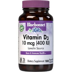 BlueBonnet Nutrition Vitamin D3 400 IU Vegetable Capsule, Aids in Muscle and Skeletal Growth, Cholecalciferol from Lanolin, Non GMO, Gluten Free, Soy Free, Milk Free, Kosher, 180 Count