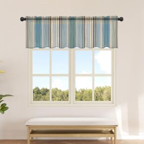 Teal Blue Green Striped Boho Valance Curtains for Kitchen/Living Room/Bathroom/Bedroom Window,Antique Southwestern Native Pattern Tribal Rod Pocket Small Topper Half Short Curtains Voile Sheer Scarf