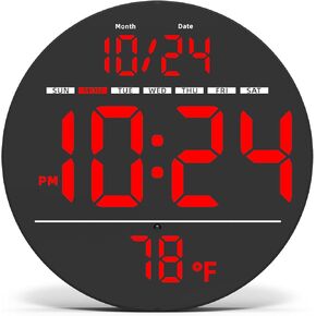 Digital Wall Clock with Large LED Display, Auto-Brightness, Temperature, Low-Reflectivity, Small Silent Non-Ticking Modern Electric Wall Clock for Bedroom, Living Room, Office, Classroom, Farmhouse