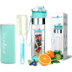 NEW AquaFrut Bottom Loading Fruit Infuser Water Bottle Complete Bundle Includes Bottle Brush, Insulating Sleeve & Infusion Recipe eBook. Leak Proof Sweat Proof BPA-Free (Black)