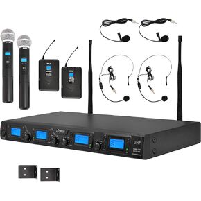 Pyle Upgraded Wireless Microphone System - 4-Channel, includes (2) Handheld Mics, (2) Beltpack, (2) Lavalier Mics & (2) Headset Mics-PDWM4350U.5