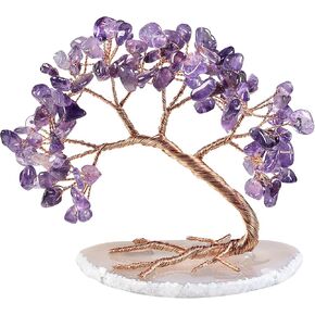 Rockcloud Handmade 3-4'' Crystal Money Tree with Agate Slice Base Tumbled Stones Feng Shui Bonsai Home Office Decor for Luck and Wealth, Aquamarine