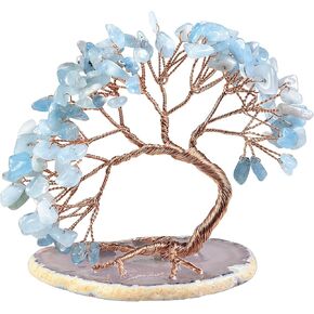 Rockcloud Handmade 3-4'' Crystal Money Tree with Agate Slice Base Tumbled Stones Feng Shui Bonsai Home Office Decor for Luck and Wealth, Aquamarine