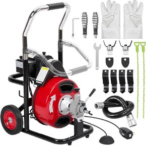 Efficient Drain Cleaning Electric Drain Auger for Fast Sewer Machine 75FT x 1/2Inch Reach, Air-Activated Foot Switch, Drain Machine 4 Cutter Blades, and Protective Gloves.