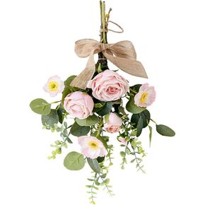 Artificial Eucalyptus Teardrop Wreath, 17 Inch Spring Summer Wall Swag Front Door Wreath with Poppy Rose Flower Hanging Teardrop Swag Bouquet for Wedding Arch Wall Decor(D)