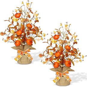 TURNMEON 2 Pack 18 Inch Fall Lighted Eucalyptus Tree Fall Decor with 20 LED Timer Battery Operated Tabletop Artificial Fall Tree Pumpkin Berry Cloth Base Fall Halloween Thanksgiving Decor Home Indoor
