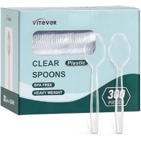 [300 Count] Clear Heavy Duty Plastic Spoons, Heavyweight Disposable Spoons, Fancy Plastic Cutlery, Elegant Disposable Spoons, Plastic Utensils Set, Clear Spoons Set