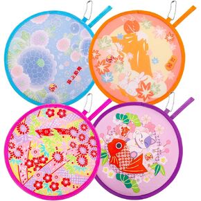 LUTER 4pcs Folding Round Hand Fans, Portable Japanese Style Round Folding Fan Foldable Fan for Women Girls Daily Use (4 Styles)