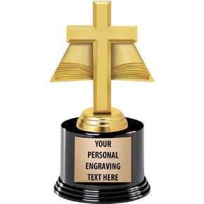 Cross Trophies with Custom Engraving, 7.25" Personalized Gold Religious Cross and Open Bible Trophy On Deluxe Round Base Prime