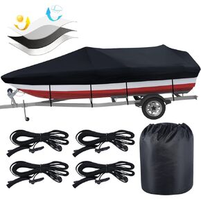 Boat Cover,600D Upgrade Waterproof Oxford Cloth Trailerable Boat Cover with Silver Coating, Tri-Hull Runabout Boat Cover Fits V-Hull,Bass Boat Cover with Storage Bag,Up to 14-16ft Long and 90in Wide