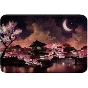 Japanese Style Non Slip Bath Mat Moon Cherry Blossom Bathroom Rug Romantic Night Sky Scenery Shaggy Absorbent Floor Mat for Teens Girls Women Exotic Pink Bath Indoor Doormat Decor 24"x16"