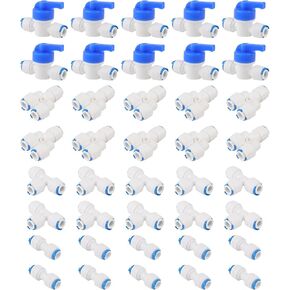 1/4" Water Line Fittings Set, 35Pcs Quick Connect Push in to Connect Water Purifiers Tube Fittings for RO Water Reverse Osmosis System, I/ T/ Y Type Combo + Ball Valves