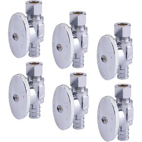 Hausen 1/2-inch PEX Barb x 3/8-inch Compression Outlet 1/4-Turn Angle Water Stop; Lead-Free Forged Brass; Chrome-Plated; cUPC/ANSI/NSF Certified; Compatible with PEX and Copper Piping, 6-Pack