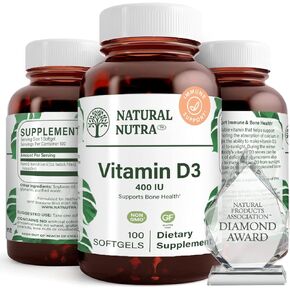 Natural Nutra Supreme Vitamin D3 400 IU Softgels, Immune Support, Sunshine Vitamin, Bone and Teeth Strength, Gluten-Free, 100 Softgels