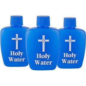 Needzo Small Holy Water Bottles with Screw Top Lid, Blue Refillable Plastic Container with White Cross, No Spill Lid, 2 Ounce, Pack of 3