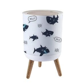 Small Trash Can with Lid Cute Shark Kids t Shirt Wood Legs Press Cover Garbage Bin Round Simple Human Waste Bin Wastebasket for Kitchen Bathroom Office, 8.67x14.3inch