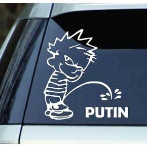 White 6" Calvin Peeing Piss Pissing On Putin Window Sticker Decal – (Anti Putin Stop Resist Bumper) Good for Cars, Trucks, laptops, lockers etc