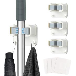 New Version 4pcs Self Adhesive Broom Holder with Gripper and 2 Hooks, Damage Free Broom Mop Holder, No Drill Anti-Slip Wall Mount Broom Gripper Organizer for Bathroom Kitchen Garden Garage