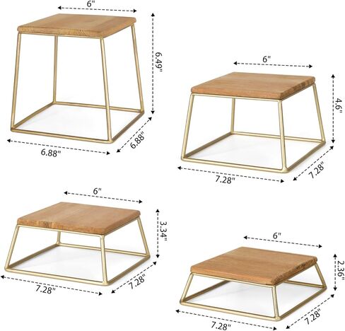حاملات عرض الكب كيك، مجموعة من 4 حوامل للحلويات، مربعة من الخشب الريفي والأسلاك المعدنية الذهبية، مقاس 6 × 6 بوصة in Kuwait