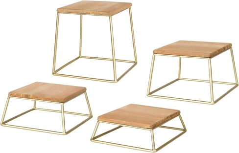 حاملات عرض الكب كيك، مجموعة من 4 حوامل للحلويات، مربعة من الخشب الريفي والأسلاك المعدنية الذهبية، مقاس 6 × 6 بوصة in Kuwait