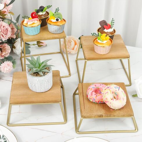حاملات عرض الكب كيك، مجموعة من 4 حوامل للحلويات، مربعة من الخشب الريفي والأسلاك المعدنية الذهبية، مقاس 6 × 6 بوصة in Kuwait