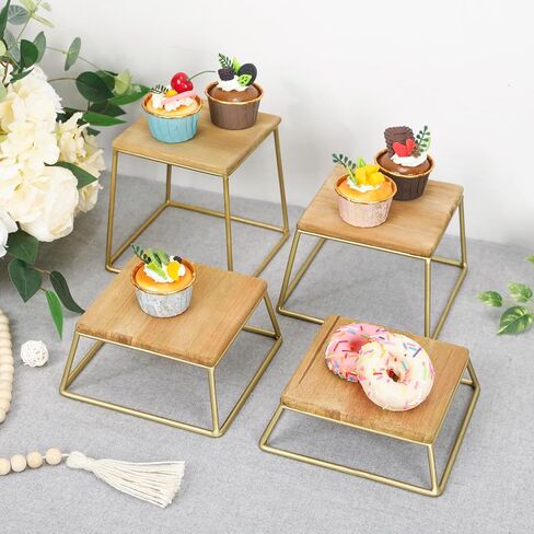 حاملات عرض الكب كيك، مجموعة من 4 حوامل للحلويات، مربعة من الخشب الريفي والأسلاك المعدنية الذهبية، مقاس 6 × 6 بوصة in Kuwait