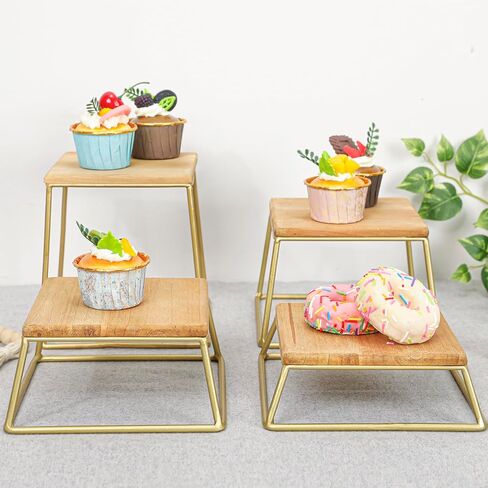 حاملات عرض الكب كيك، مجموعة من 4 حوامل للحلويات، مربعة من الخشب الريفي والأسلاك المعدنية الذهبية، مقاس 6 × 6 بوصة in Kuwait