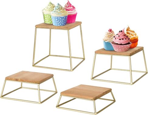 حاملات عرض الكب كيك، مجموعة من 4 حوامل للحلويات، مربعة من الخشب الريفي والأسلاك المعدنية الذهبية، مقاس 6 × 6 بوصة in Kuwait