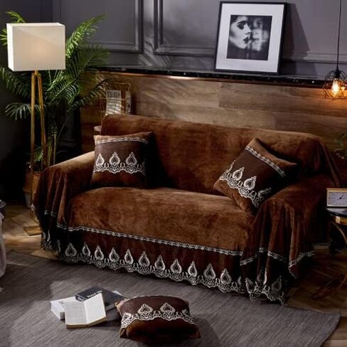 Vintage Velvet lace Sofa Cover,Floral Embroidery Soft Sofa slipcover, Solid Color Sofa Towel for loveseat sectional Sofa cat Dog (Coffee,only Pillow case*2 Pack（17 * 17inch）) in Saudi Arabia