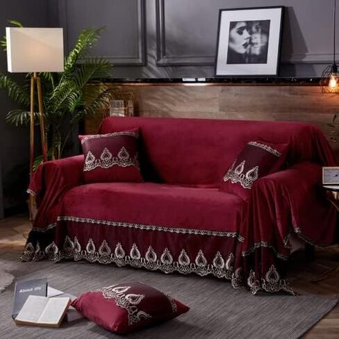 Vintage Velvet lace Sofa Cover,Floral Embroidery Soft Sofa slipcover, Solid Color Sofa Towel for loveseat sectional Sofa cat Dog (Coffee,only Pillow case*2 Pack（17 * 17inch）) in Saudi Arabia